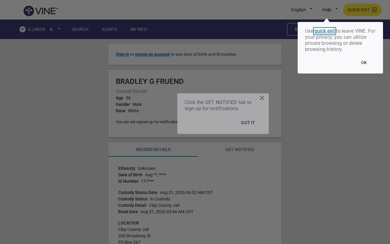 Clay County VINELink arrest custody alert registration screen