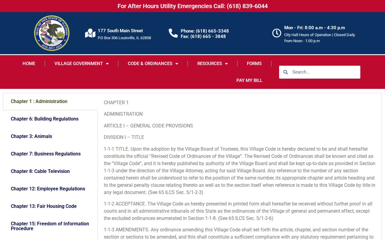 Louisville Illinois municipal code page with police references