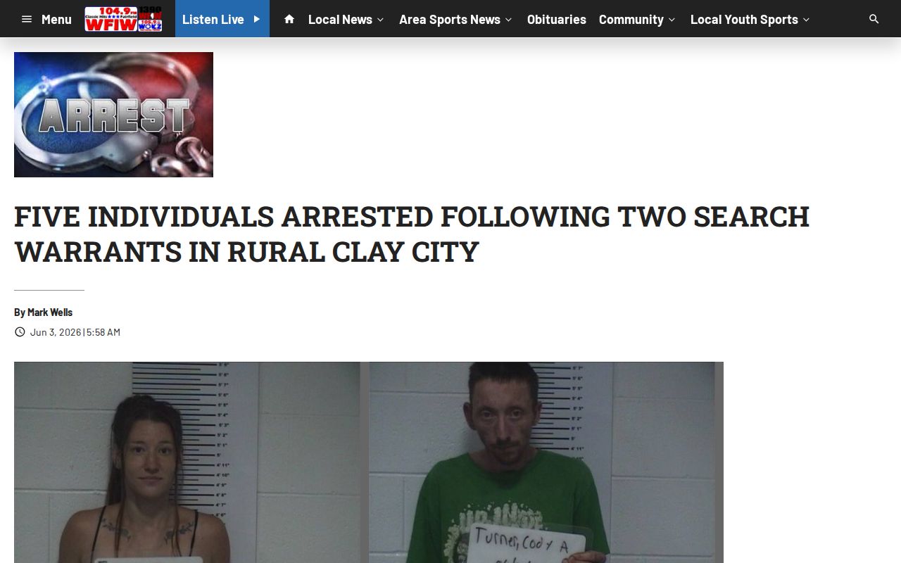 WFIW regional news report about Clay County arrests and jail transport